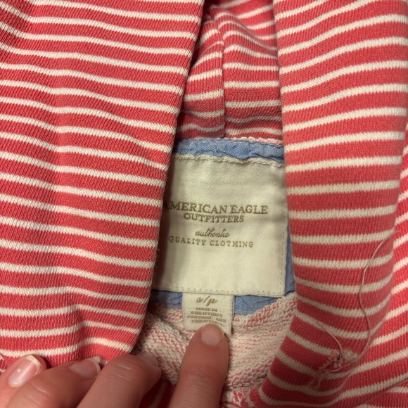 American Eagle Small Hoodie Sweatshirt Pink White Stripe Distressed 100% Cotton - Picture 2 of 6